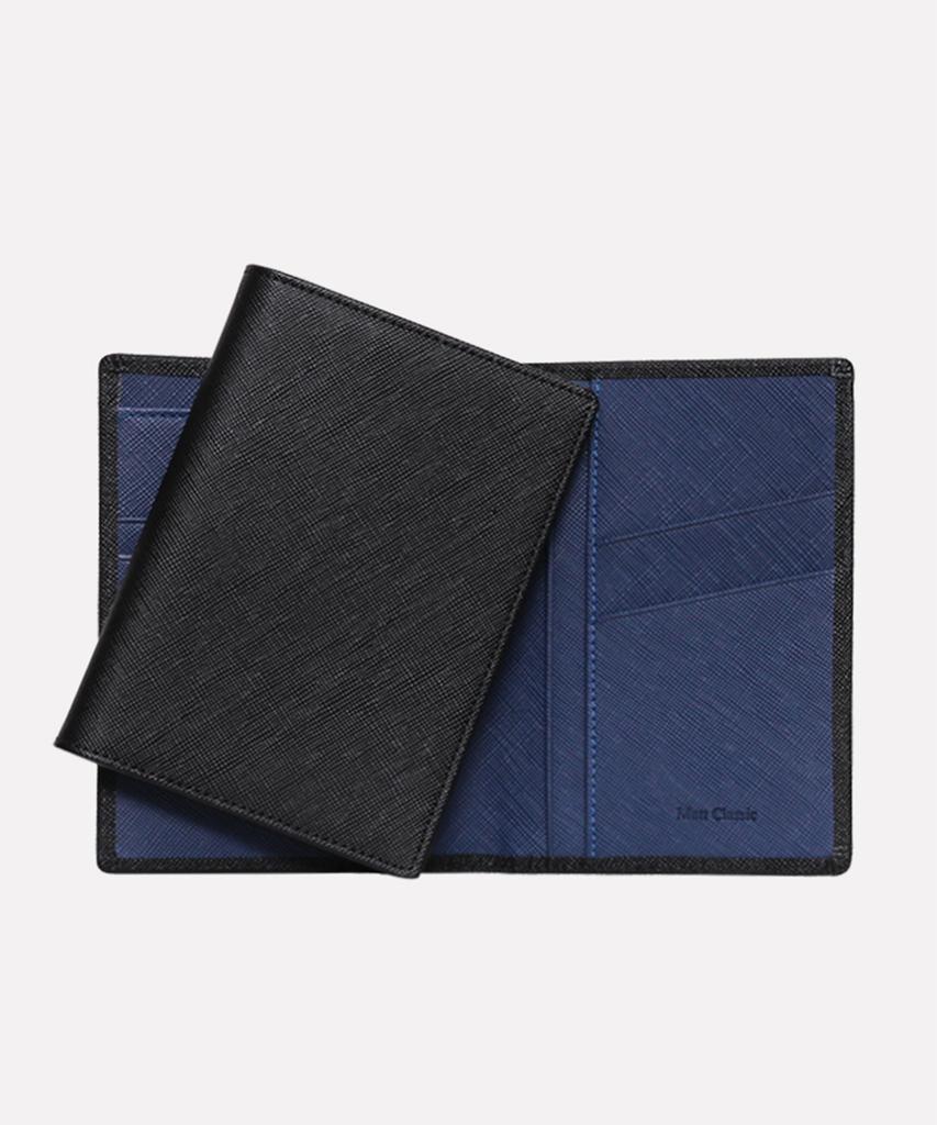 Matt Saffiano Cowhide Combination Passport Wallet Black + Steel Blue