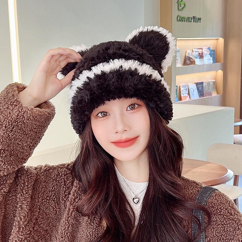 Plush and Cute Bear Ears Hat for Women In Autumn and Winter Japanese Style Sweet Striped Contrasting Color Warm Knitted Beanie