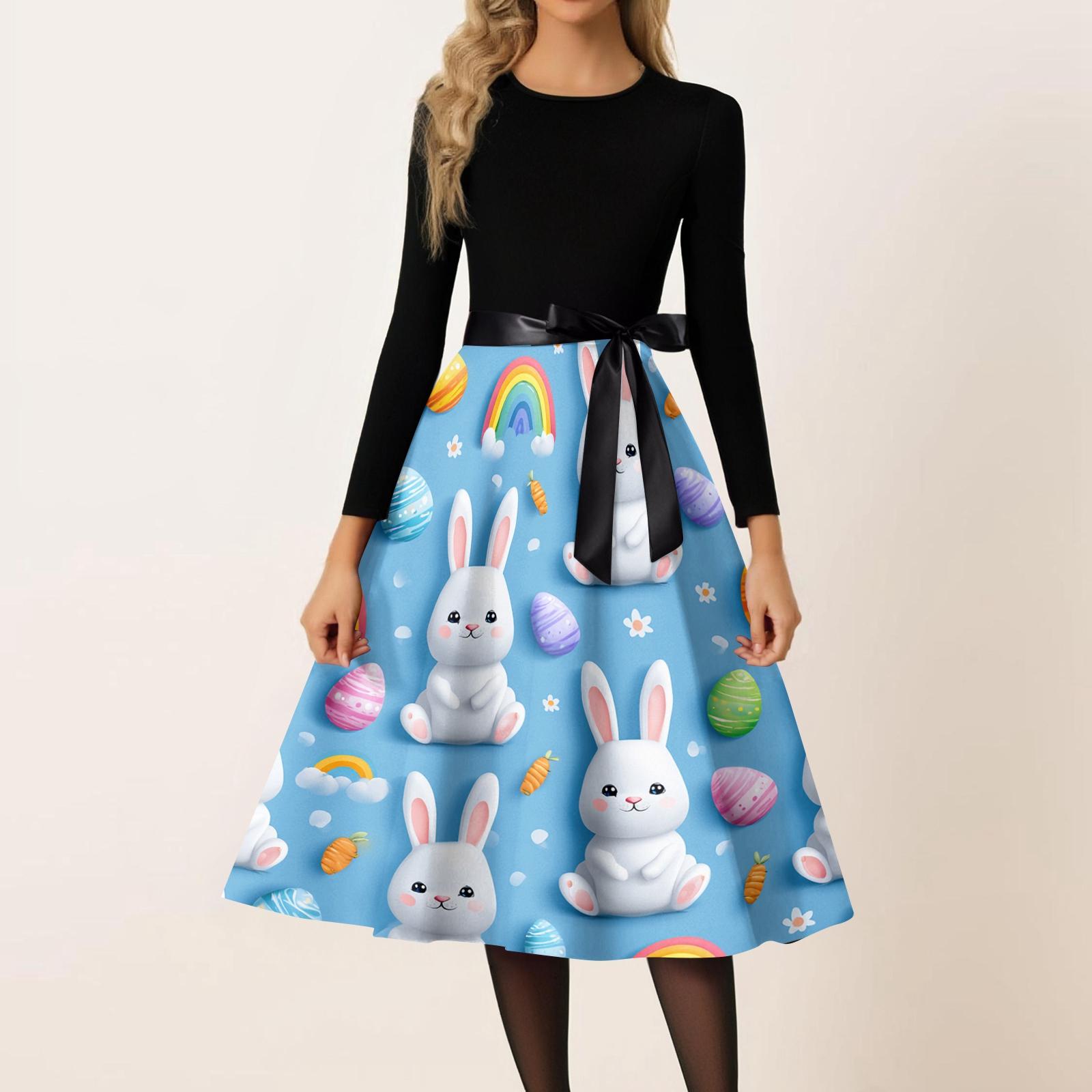 Women s Casual Fashion Round Neck Carnival Printed Vintage Dress L синий