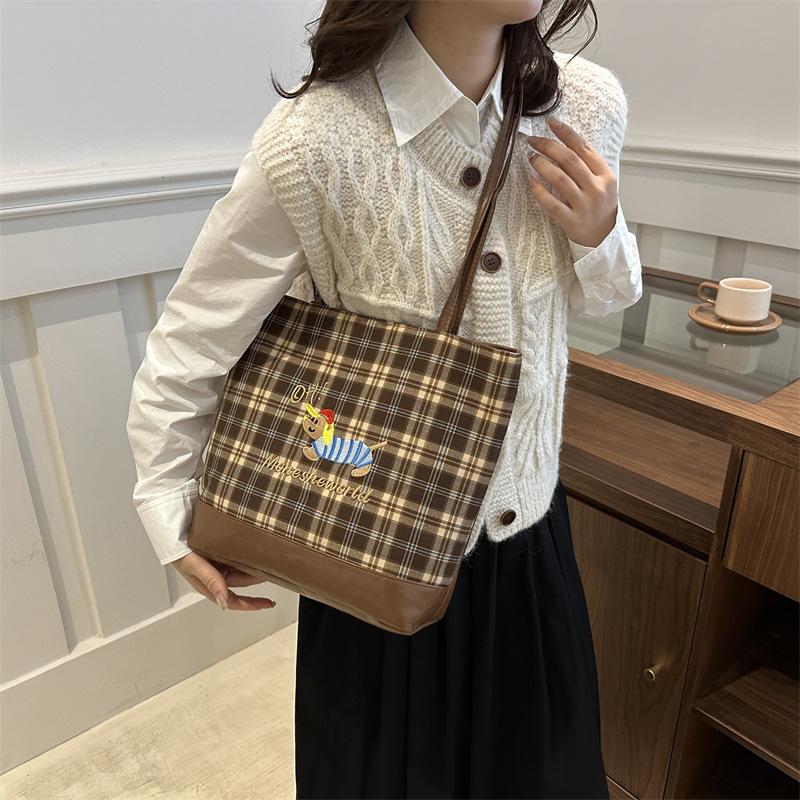 New Checked Tote Bag Cartoon Puppy Backpack Korean Version Large-capacity Underarm Bag Simple Commuting Bag for Girls