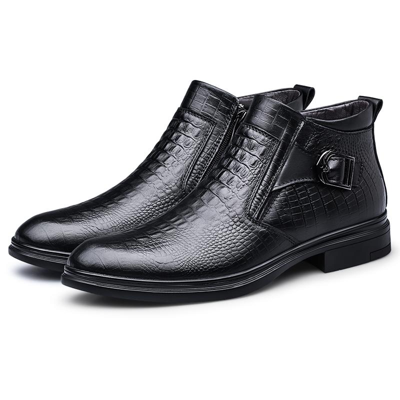 Pantofi Bărbați Handmade Negru Toc Mediu Fermoar Lateral Modă Potrivire Universală Rochie Botine Piele Naturală Business Bărbați Cizme de Zăpadă