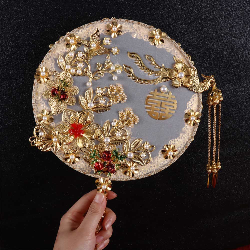 Vintage Decoration Prop For Bride Gold Red Bridesmaid Decor Craft Bouquet Photography Ornaments Fan