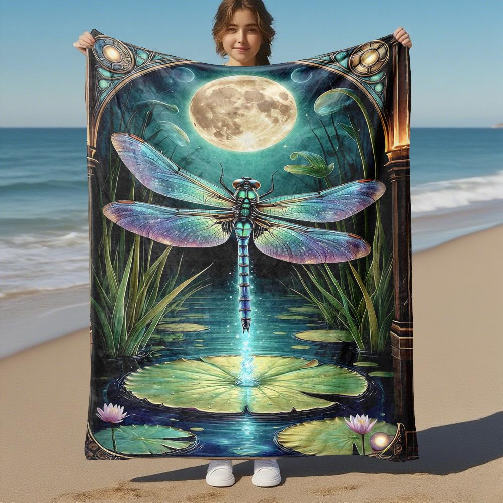 1PC Dragonfly MoonlightOutdoor Flannel Blanket - Soft Plush Decor for Picnics, camping, Bedroom, Playroom, Office, or Lunch Break 1221A