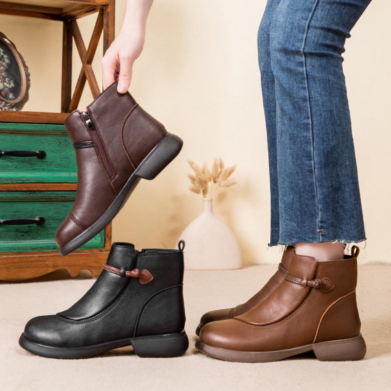2024 Women's Winter Leather Short Boots: Warm, Non-Slip, Thickened Cotton for Middle-Aged & Elderly