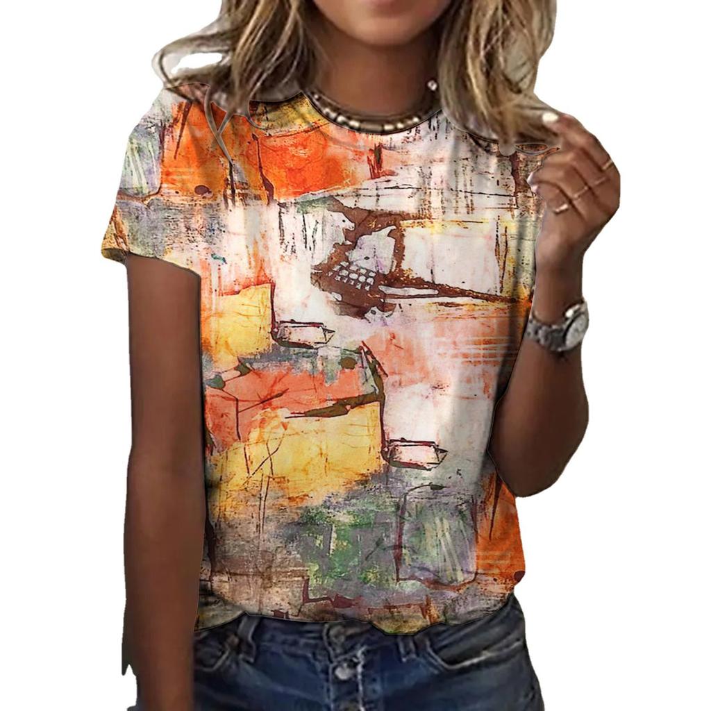 Summer Printed Digital Floral Multi-color Gradient 3D Short Sleeved Women's Round Neck T-shirt