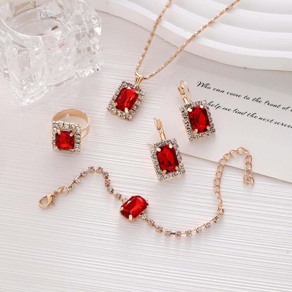 4pcs Set Luxury Charm Micro-inlay Rhinestones Square Crystal Necklace Ring Bracelet Earrings Set for Women Bride Wedding Jewelry