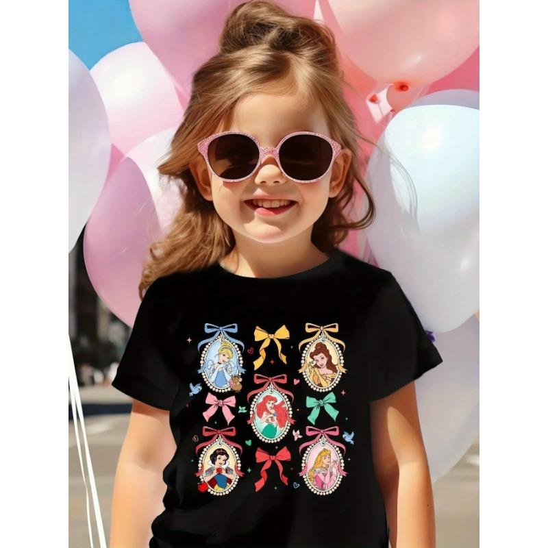 2026 Hot-Selling Disney Princess Children's Cotton T-Shirt, Cartoon Print, Girls' Short Sleeve, Comfortable Daily Party Top