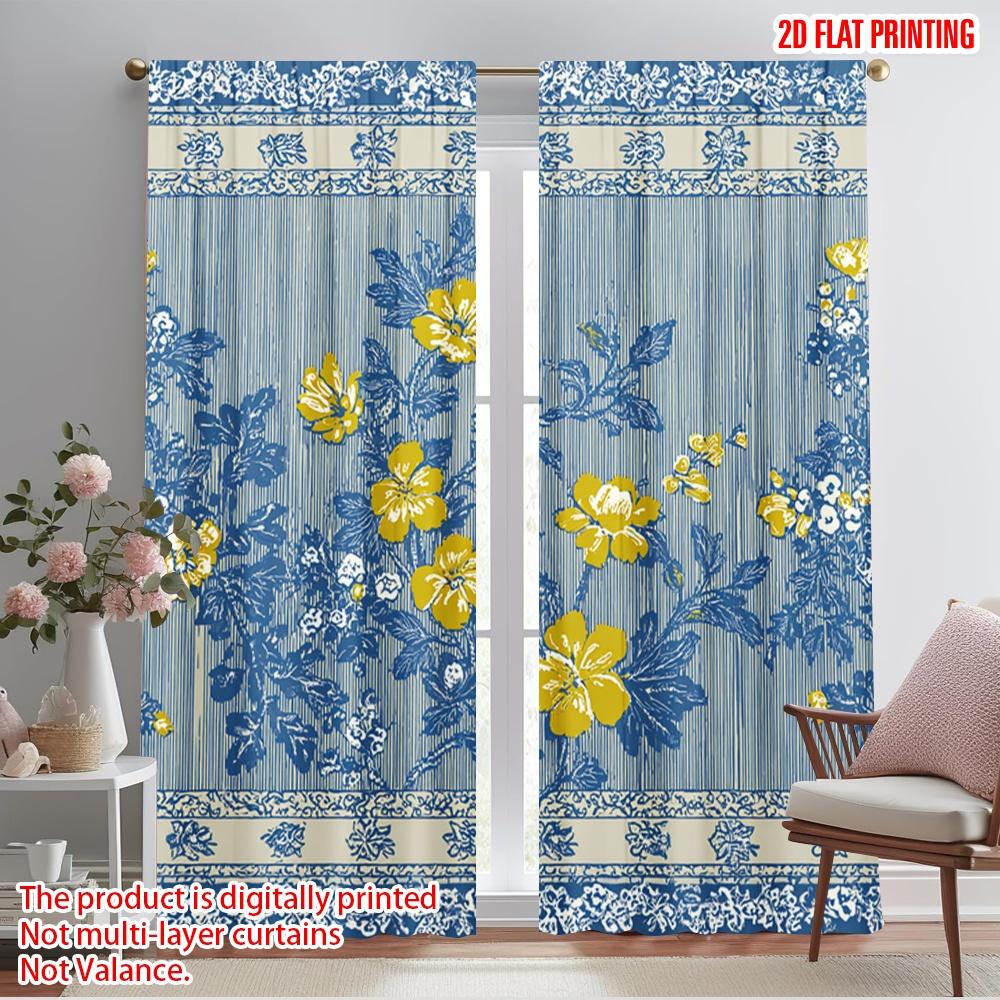 

2 шт., 2D печать на плоскости Принт Шторы Синий Желтый Цветочный Полосы Полиэстер (без удилища) Украшения для использования в помещении для спальни, 52.50×116.00 CM 2pcs