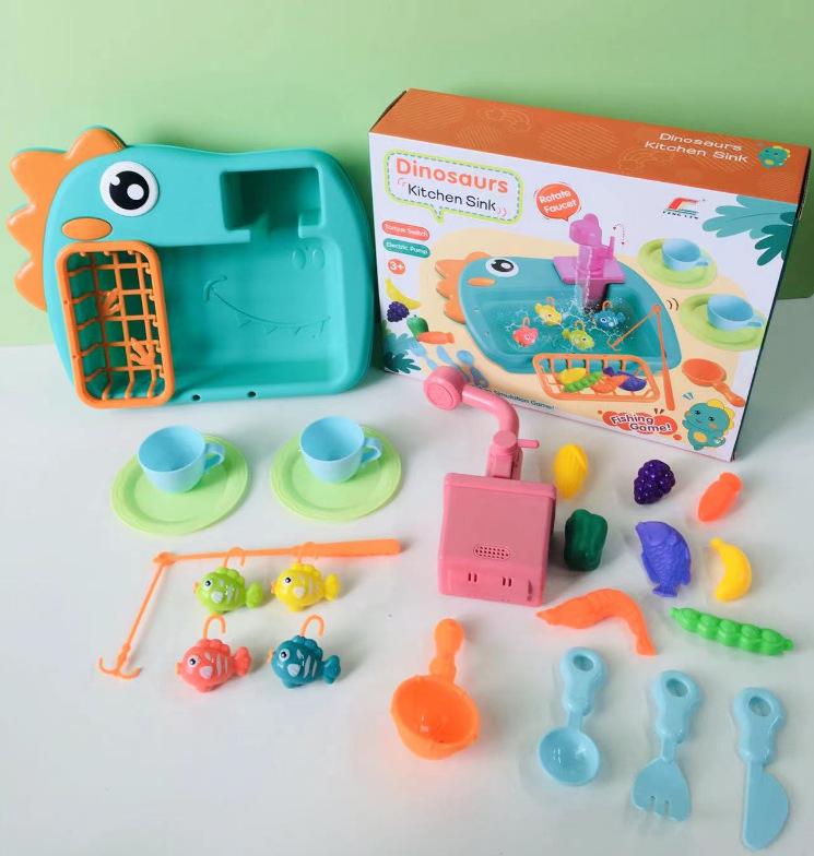 Kids' Electric Dinosaur Dishwasher & Fishing Toy - 2-in-1 Kitchen Play Set
