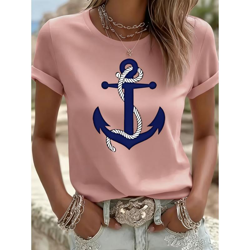 Navy Blue Sailor Anchor Line Printed Short Sleeve Round Neck T-shirt for Women Spring/Summer