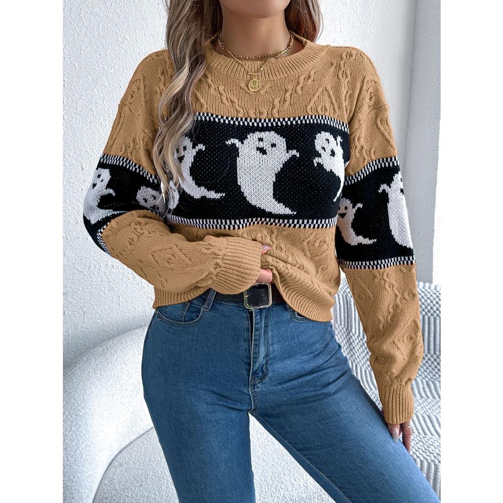 Autumn/Winter Women's Hoodie Halloween-themed Ghost Contrast-colour Long-sleeved Pullover Women's Knitted Sweater Top