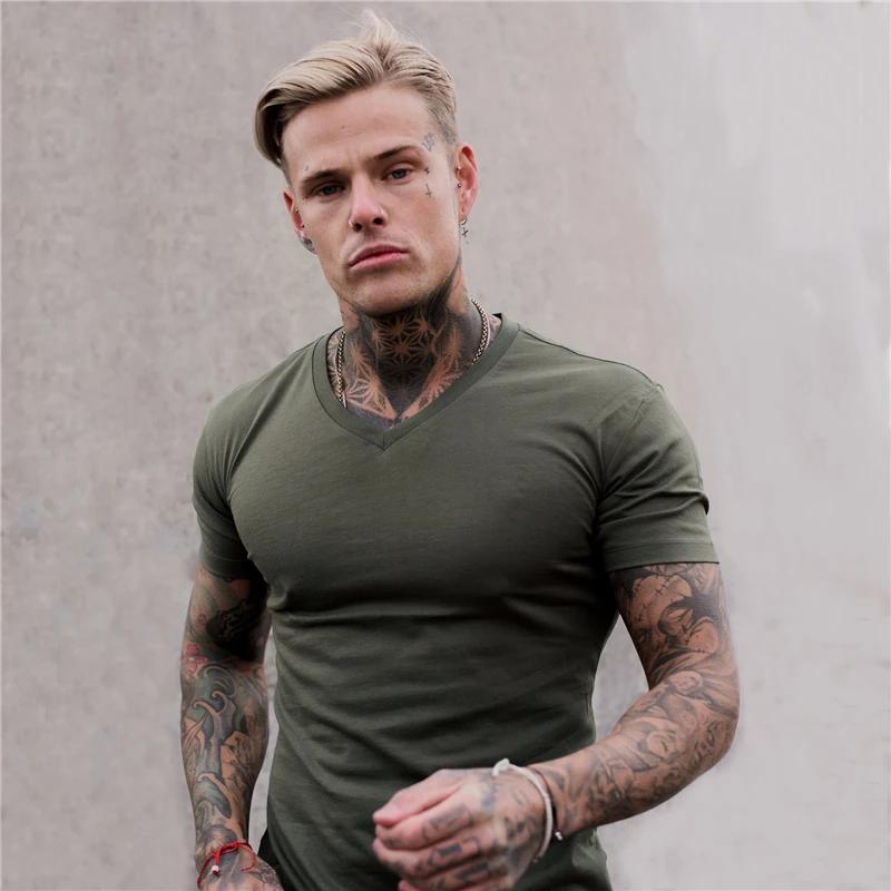 Pánske tričko do posilňovne Módne s výstrihom do V Krátke rukávy Bavlnené tričko Úzky strih Športové tričko Kulturistika Fitness Tréning Letné oblečenie