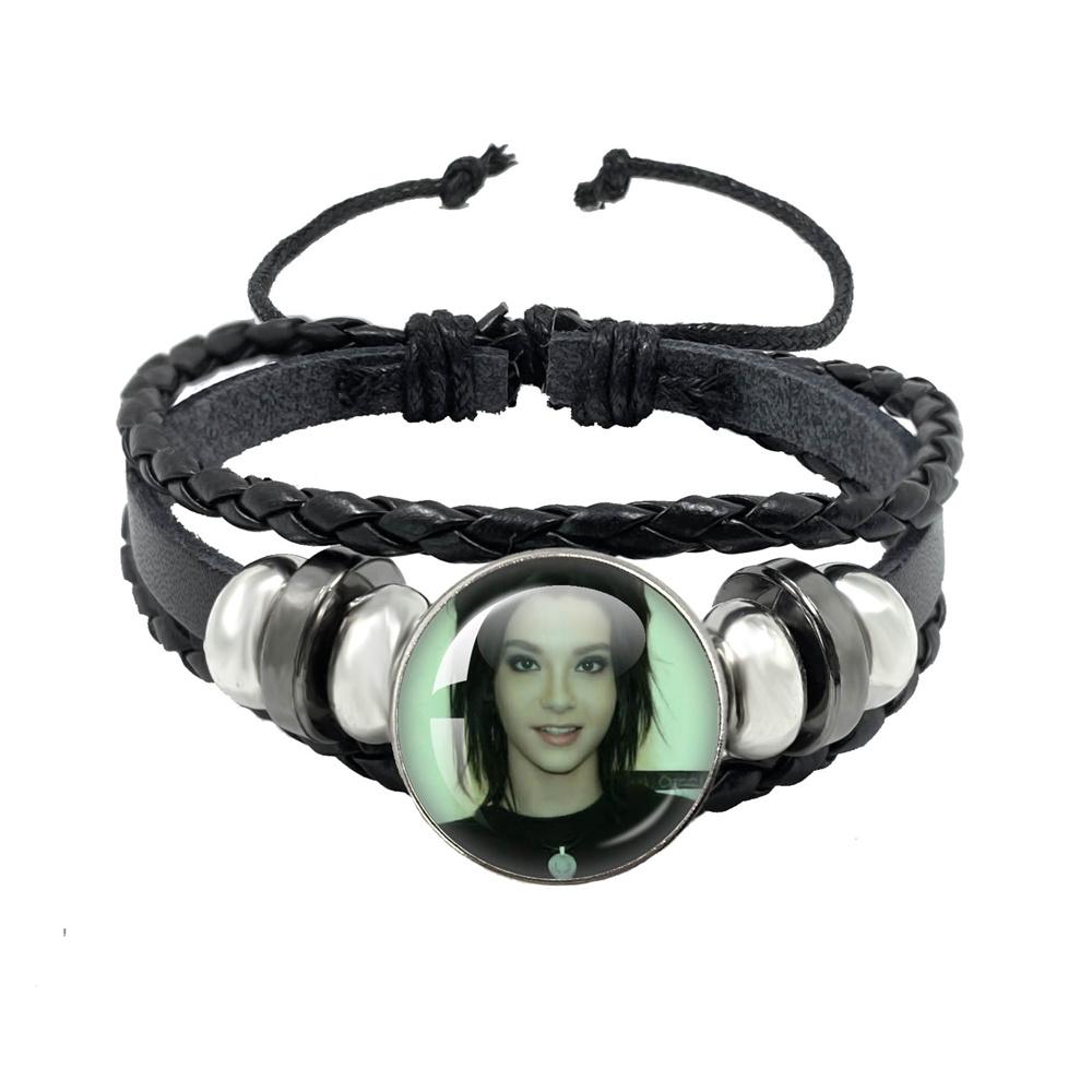 Pop Retro Rock Band Tokio Hotel Bill Kaulitz Band Black Rope Button Glass Cabochon Leather Bracelet Jewelry Charm Fans