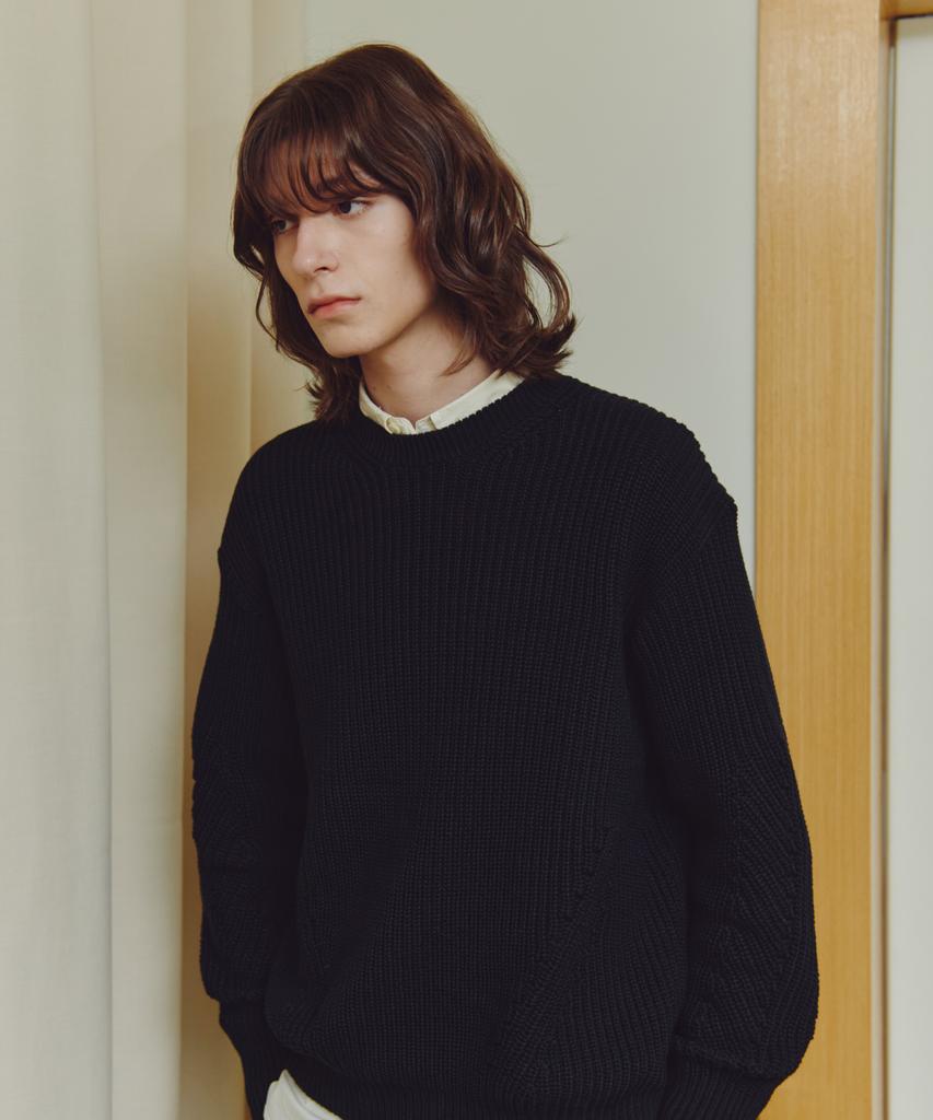 KNITTED Cotton Waffle Crewneck Knit Black