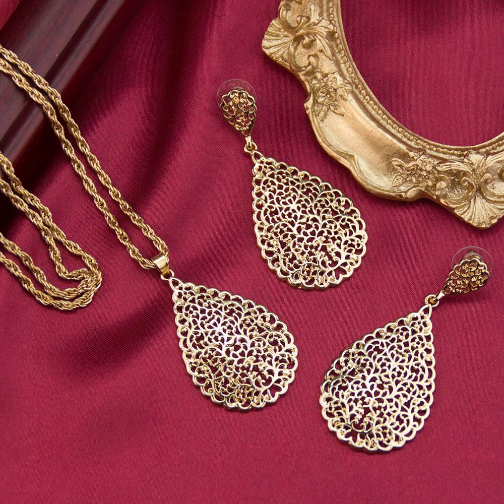 Sunspicems Gold Arabian Women Jewelry Set Hollow Teardrop Earrings Pendant Necklace Moroccan Bridal Bijoux Beach Jewel