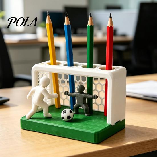 Smooth Surface Pencil Cup Soccer Goal And Player Figure Pen Holder, 3D Printed Sports Durable Organizer Theme 4 Hole Desktop for Home, Office