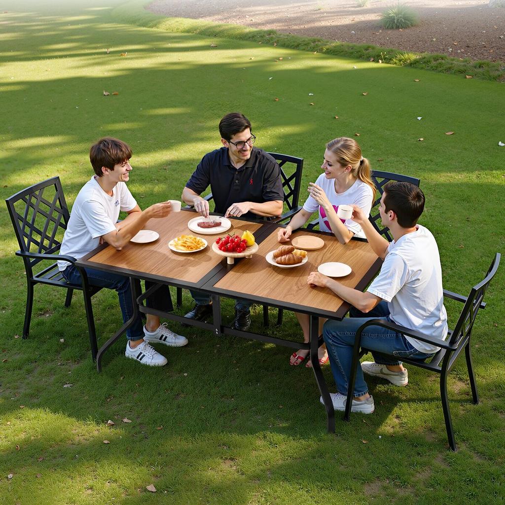 Outdoor Patio Dining Table, 150cm Long Rectangular Wood-Like Steel Slat Backyard Bistro Tables for 4-6, with 38mm Umbrella Hole, All-Weather Large