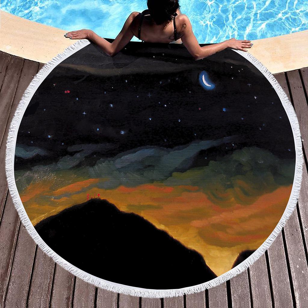 Oil Painting Round Beach Towel,Night Sky Star Moon Print Sand Resistant Beach Blanket,Absorbent Quick Dry Pool Towel Picnic Mat