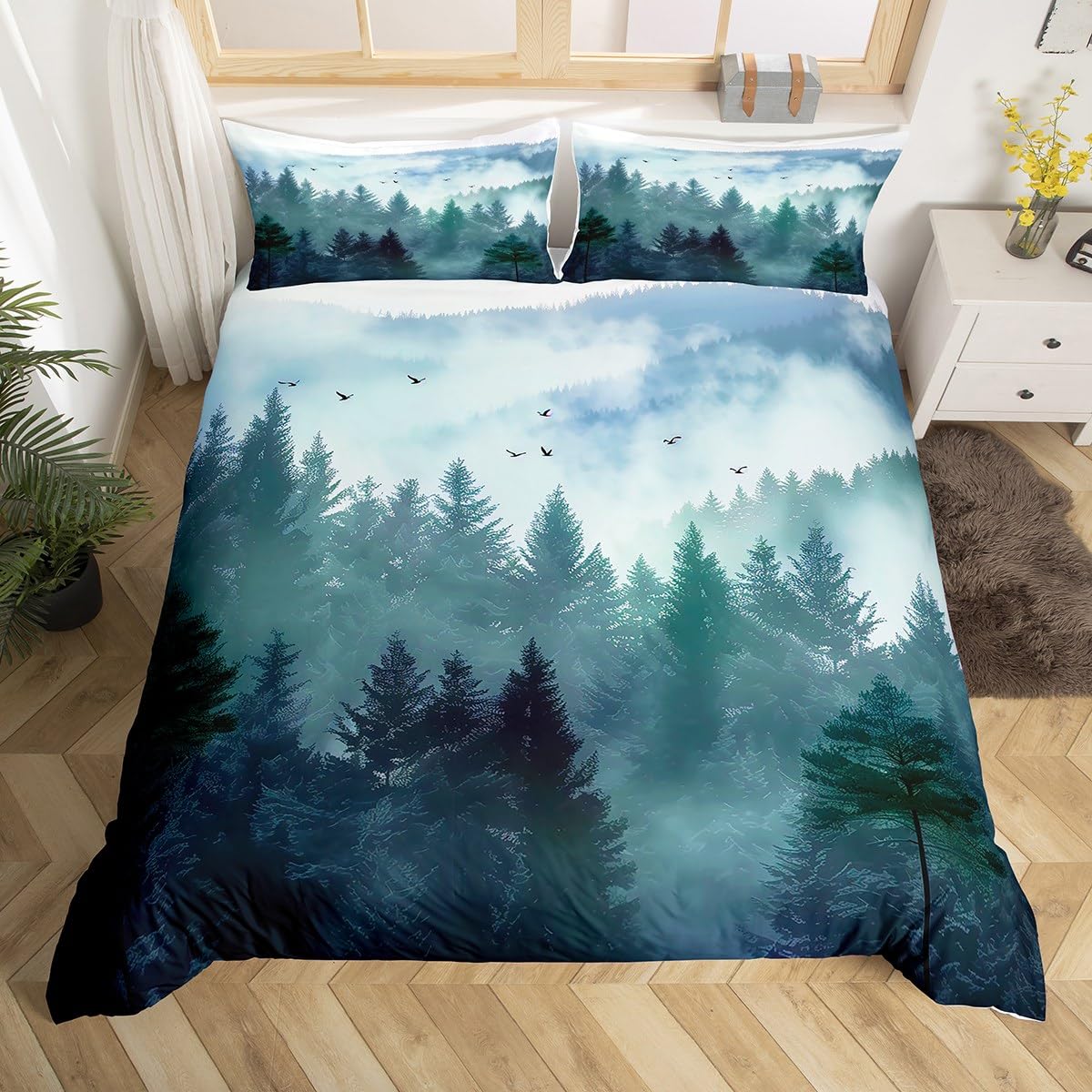 

Comforter Smoky Mountain Pineforest Twin King Woodland Tree Natural Scenery Bedding Set For Boys Girls Rustic Room Comforter (quilt)-EU Single(135*200cm)3pcs