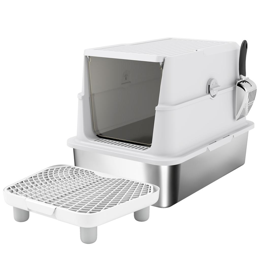 Cat Litter Box, Stainless Steel, XL Interior, with Scoop, Light Gray