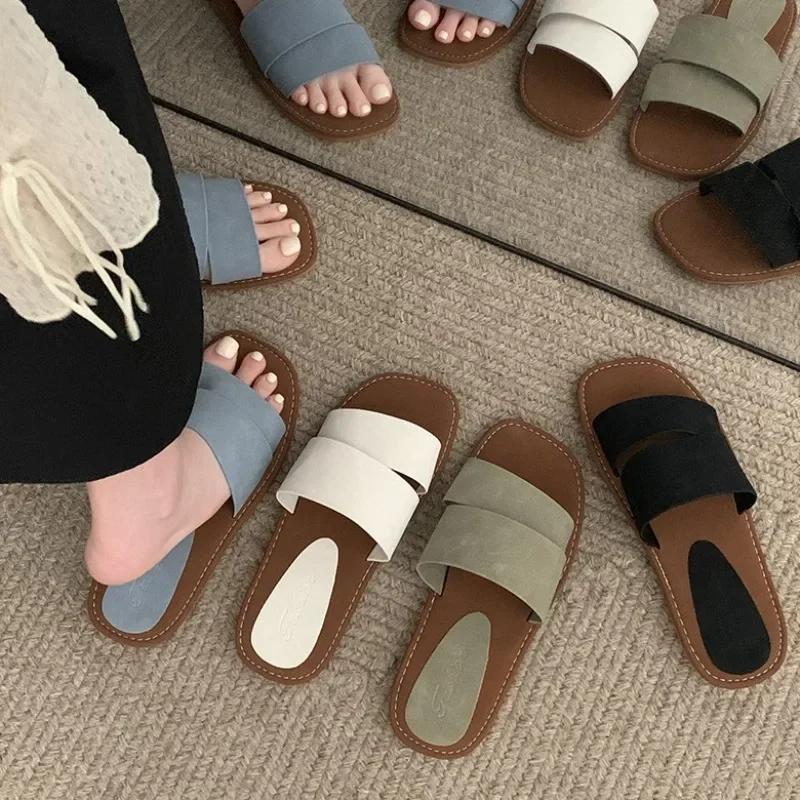 Summer Flat Slippers for Women Color Blocking Flip Flops Flats 2025 New Indoor Homewear Slides Women Square Toe Sandal Shoes