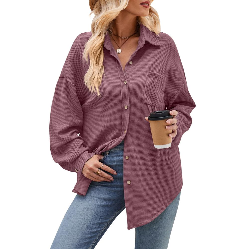 Dames Herfst en Winter Casual Losse Zak Wafel Mode Shirt