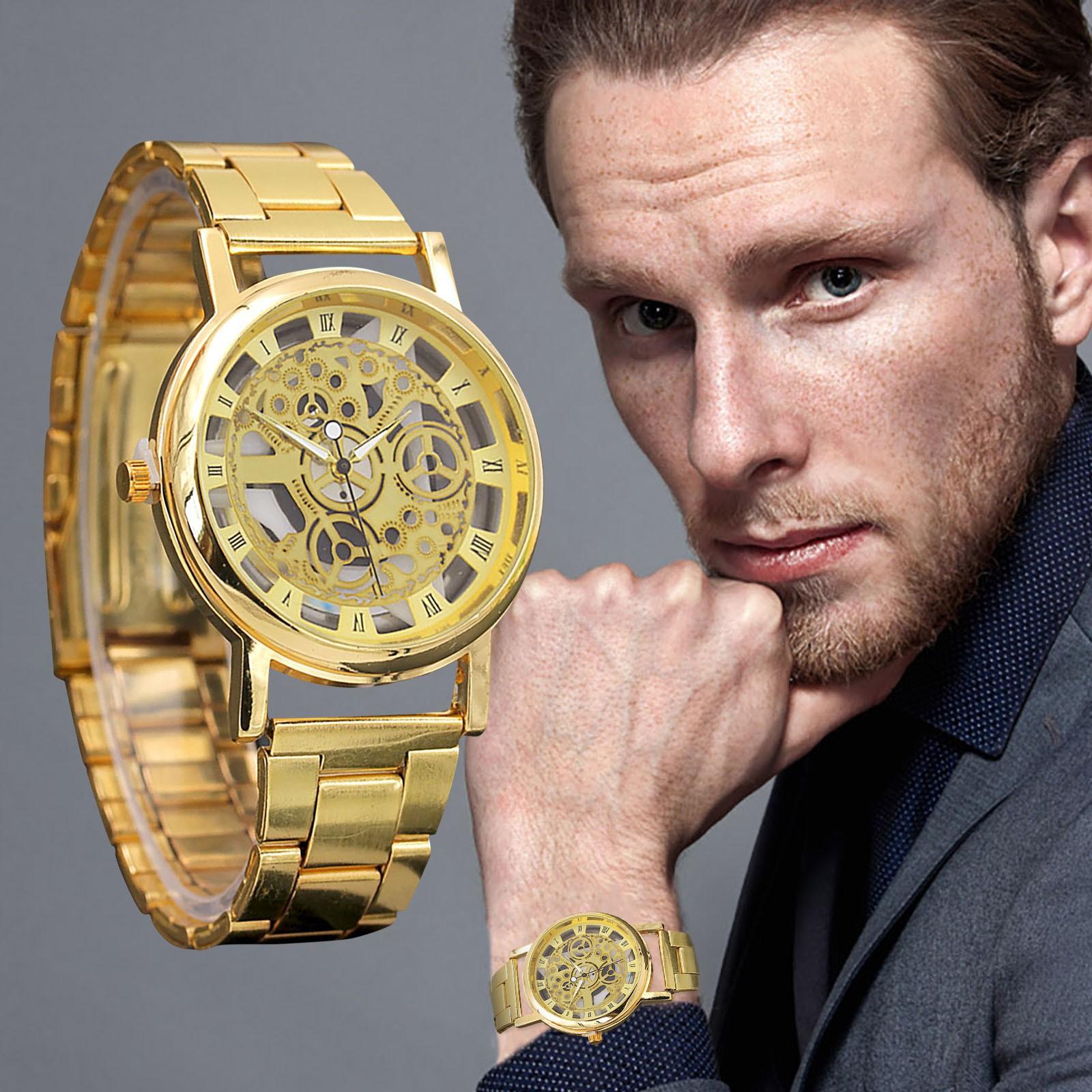 Men s Steel Band Watch Hollow Fashion Temperament Quartz Men s Watch One Size золотой