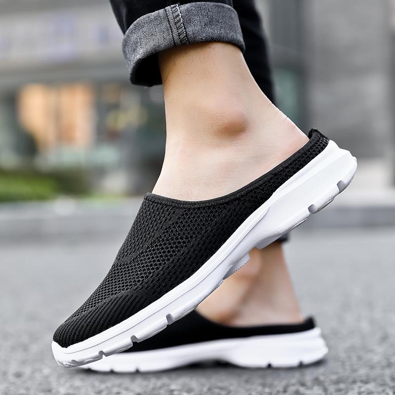 Unisex Slip-on Flats Round Toe Half Slippers Knitted Mesh Walking Shoes Lightweight Big Size 35-48 Leisure Shoes Anti-slip