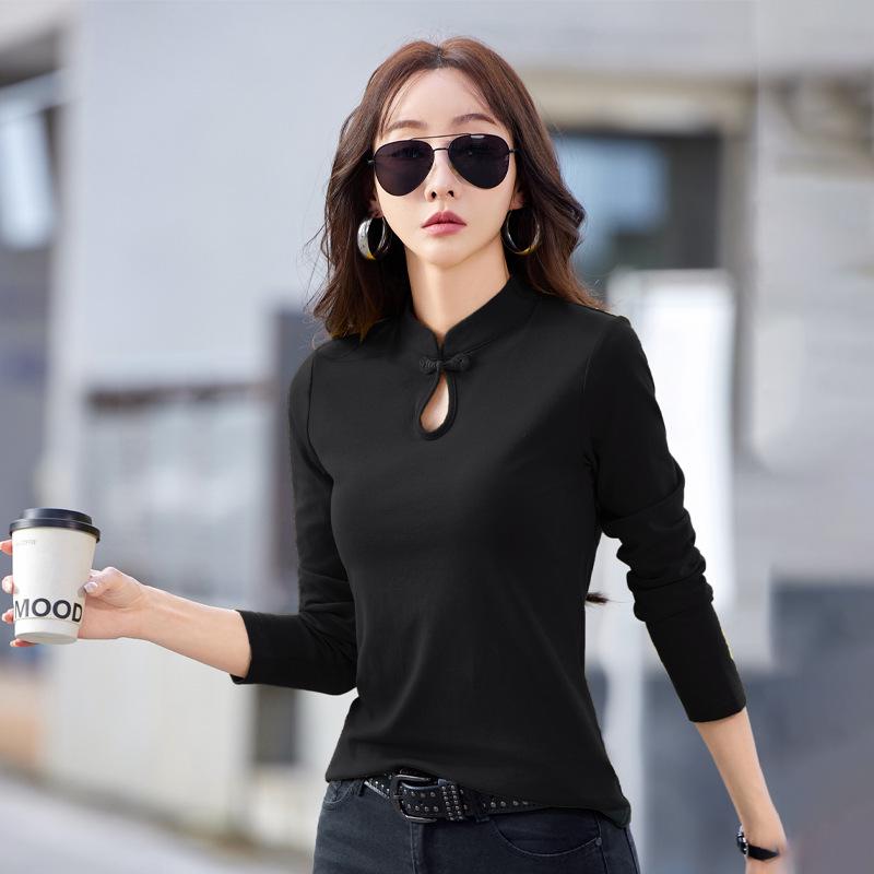6606# Women's Slim Fit High Neck Long Sleeve T-shirt - Water Drop Neck, New Chinese National Style, Cotton Undershirt, Spring/Autumn.