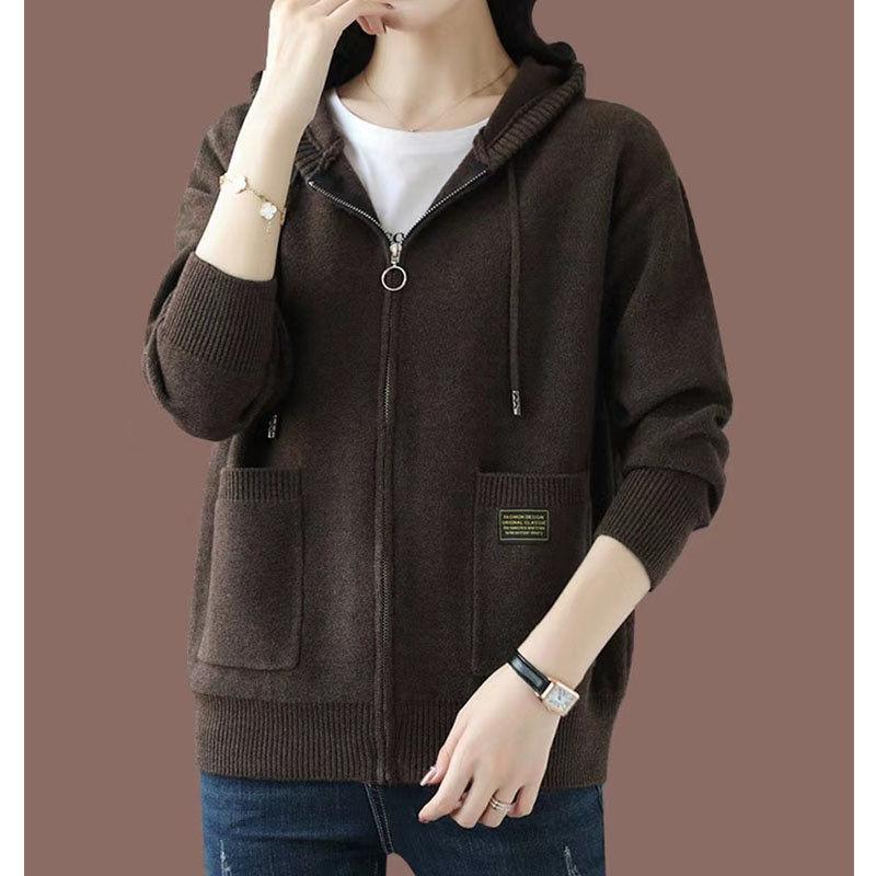 Hooded Cardigan Coat Women 2024 Spring and Autumn New Casual Fashion Outside with Zipper Sweater Hooded Knitwear