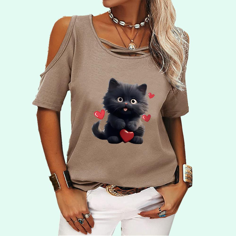

Женская модная футболка с открытыми плечами, летняя и осенняя футболка с круглым воротником и короткими рукавами, женская модная футболка с принтом кота M хаки