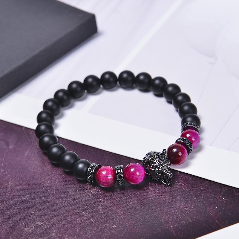 Wolf Charm Bracelets Men Natural Black Agates Onyx Stone Bracelet Brave Blue Tiger Eye Elastic 8 Mm Beads  Beaded Pulsera
