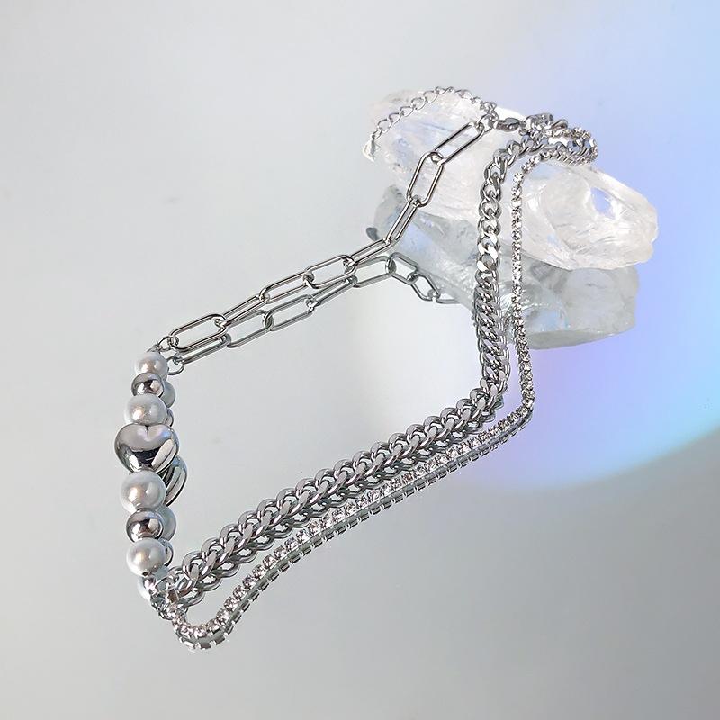 Sweet and cool babes reflective pearl love rhinestone fringed chain necklace ins design titanium steel necklace accessories tide