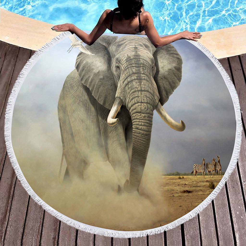 Wild Animal Elephant Round Beach Towel with Tassels Microfiber Soft Absorbent Quick Dry Sand Proof Towel For Picnic Camping Yoga