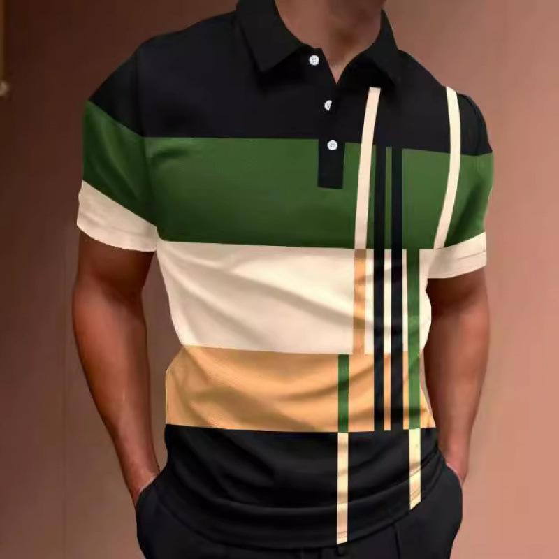 Men s Striped Color Block Polo Shirt Short Sleeve Casual Breathable Top S