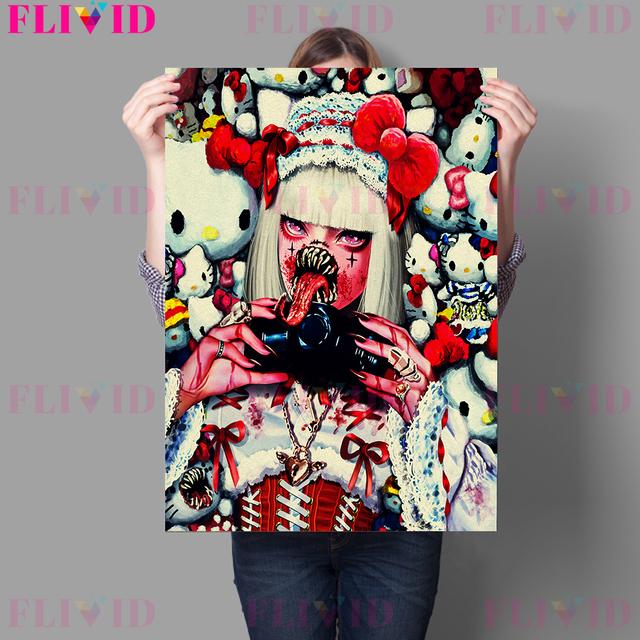 Cute and Terrifying Pink Girl Retro Wall Art Oil Painting Red Peach Girl, Zombie Laurie, Gothic Moon Girl Art Poster