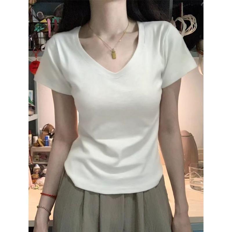 American Slim-fit Short-sleeved Inner with New Round Neck Front Shoulder Hong Kong Flavor Top Design Sense-shirt Women