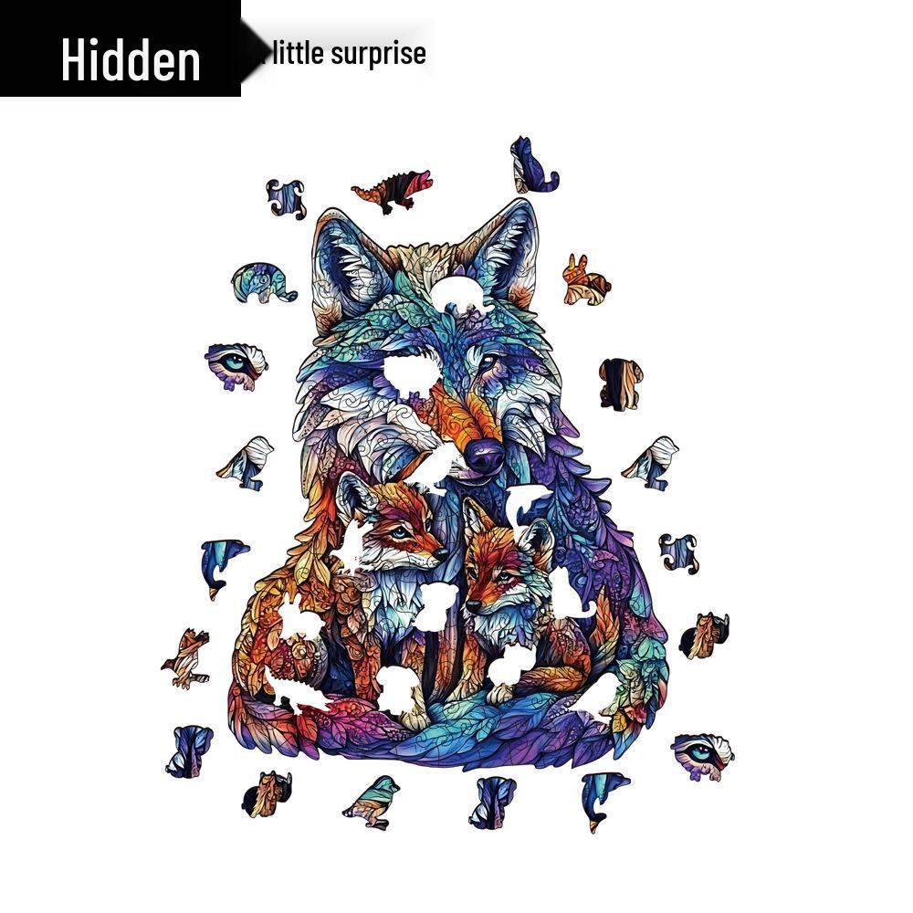 HOOLOOG Wolf Mother & Cub Wooden Jigsaw Puzzle: Irregular Interlocking Toy & Decorative Painting, Educational Gift & Money Box Combo