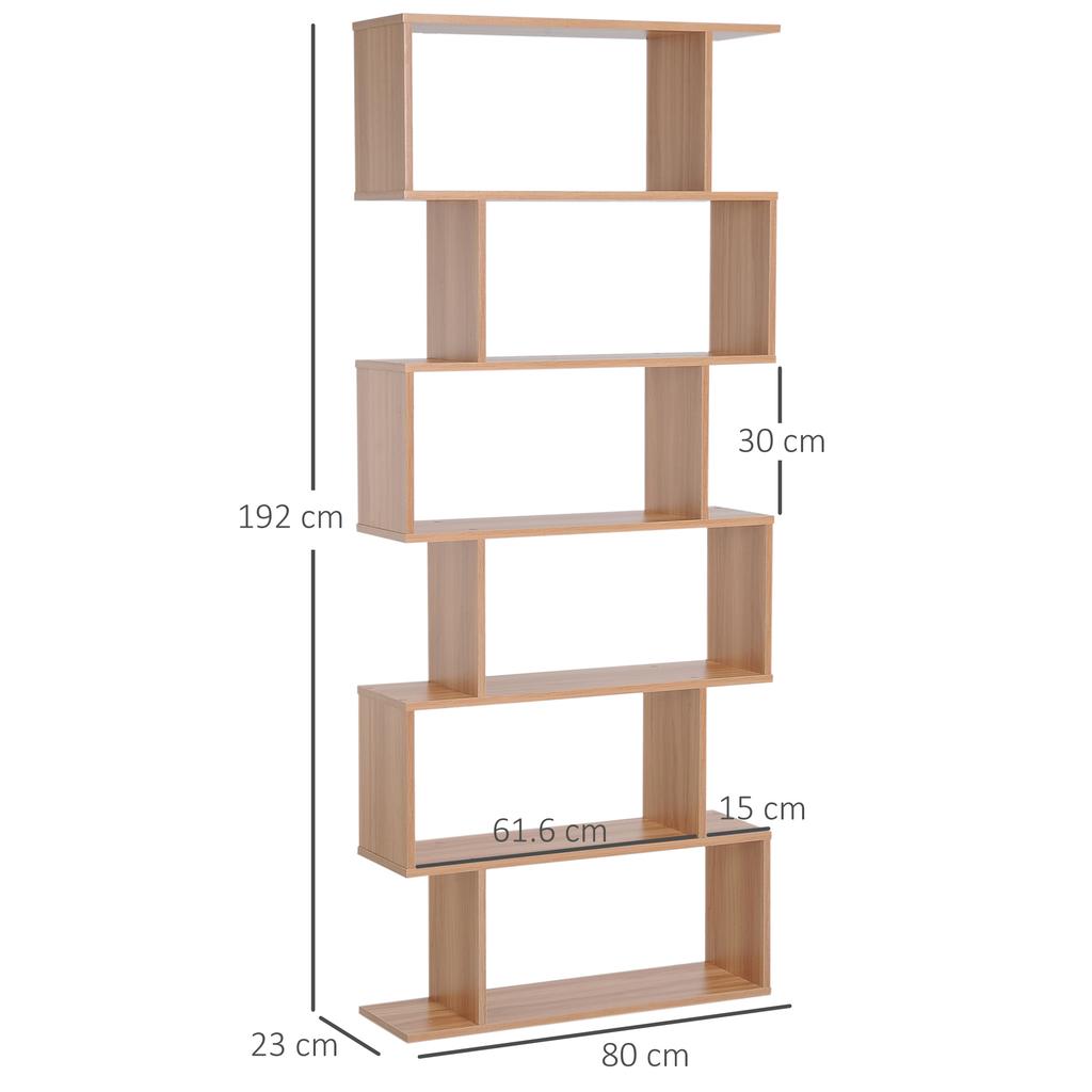 Libreria, Libreria S-Shaped a 6 Ripiani, Unità di Archiviazione, Scaffale Espositore per Soggiorno, Camera da Letto, Studio, Piante, Acero