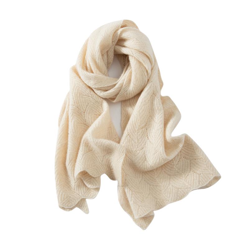 Korean Style Women's 100% Cashmere Hollow Crochet Knit Scarf Shawl - Warm, Versatile Autumn Winter Accessory