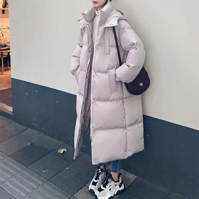 Winter Women Streetwear Thermal Solid Coat Midi Parkas Loose Hoodies Long Sleeve Oversize Young Style All-match Down Jacket
