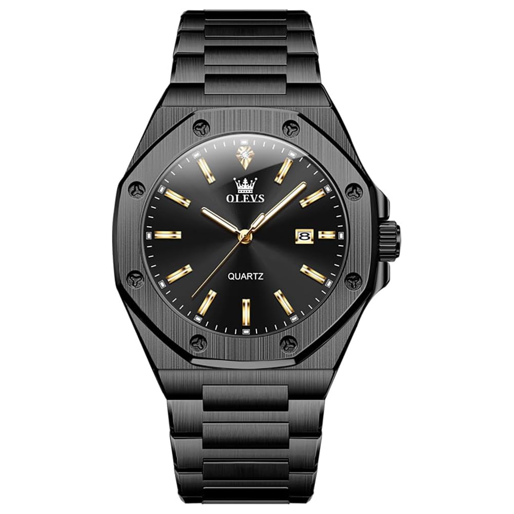 Olevs Men s Analog Quartz Watch Black Waterproof Octagonal Stainless Steel Dress Business Watch with Date Large Dial