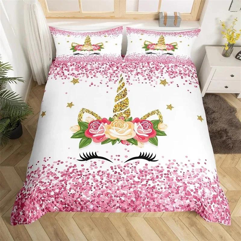 Cartoon Unicorn Duvet Cover Twin King Smiling Eyelash Rainbow Bedding Set For Kids Girls Microfiber Magical Animal Quilt Cover