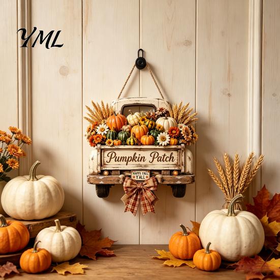 Decorative Door Sign for Fall Harvest Pumpkin Truck Hanging Front Door, Wooden with Holiday Wall Plaque Hemp Rope, Distressed Farmhouse Welcome Sign,