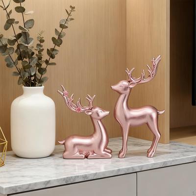 2 Pieces Reindeer Figurines Elk Sculptures Rustic Tabletop Ornaments Sitting Standing Deer Statues