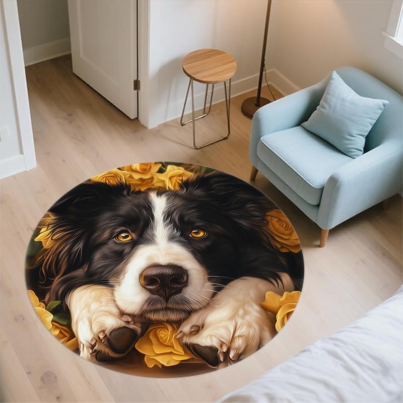 Runder Teppich mit Muster von Border Collie und frischen Blumen, Teppich für Wohnzimmer, Schlafzimmer, Spielzimmer, rutschfeste Fußmatte, Feiertagsgeschenke und Geburtstagsgeschenke.