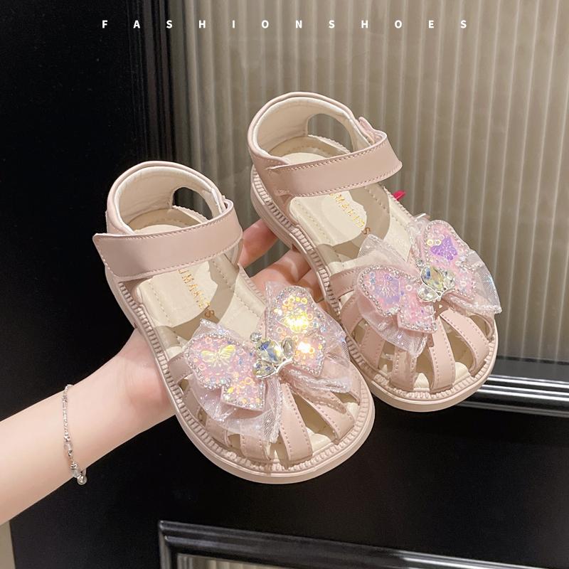 Girls Hollow Toes Capped Shoes Kids Rhinestone Beach Shoes Lace Mesh Summer Fashion Children Princess Sandals with Bow-knot