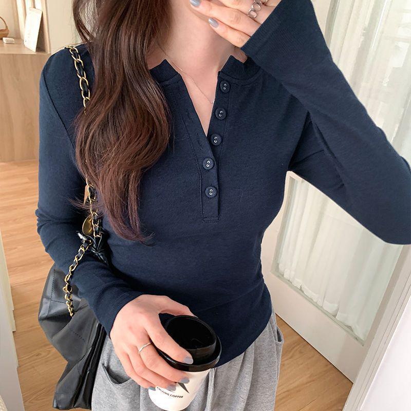 Plus Size Women's Spring/Autumn Long Sleeve Half-Open Neck Slimming Base Layer Top - Korean Style