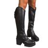 Botas de Montaria Femininas até o Joelho, Botins de Couro Preto com Corte em V, Botas Longas de Salto Grosso para Mulheres