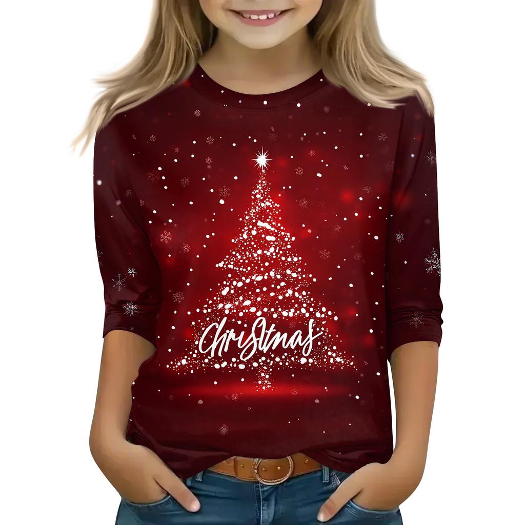 Children's 3/4 Sleeve Tops Casual Christmas Print T Shirt Round Neck Pullover Blouse